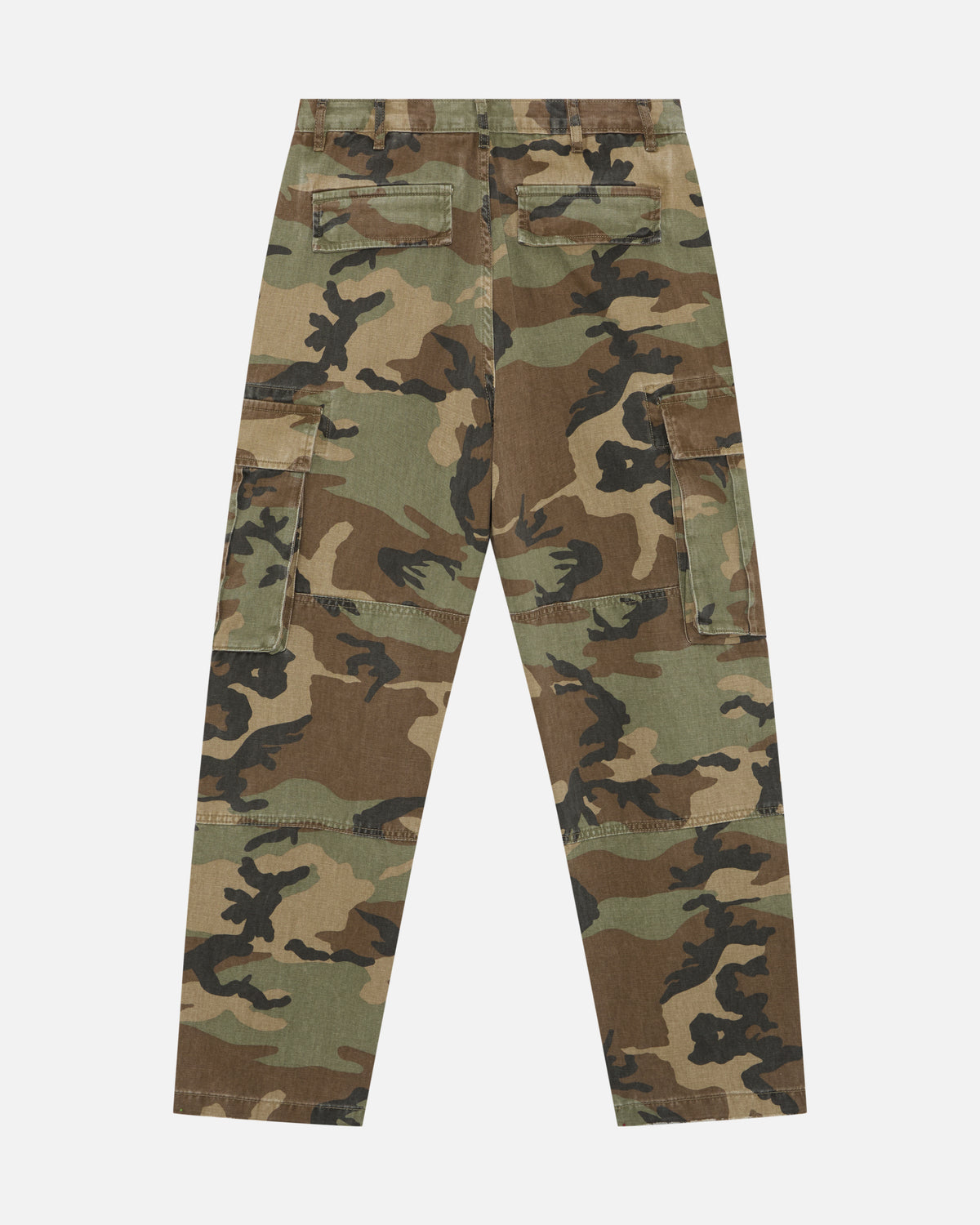 Cargo Trouser in Camo, flat lay back showing rear and side cargo pockets