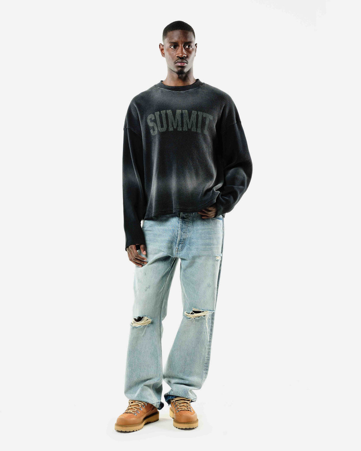 ARC PRINT WAFFLE LONG SLEEVE T-SHIRT - SUN FADE BLACK from Summit Clothing UK