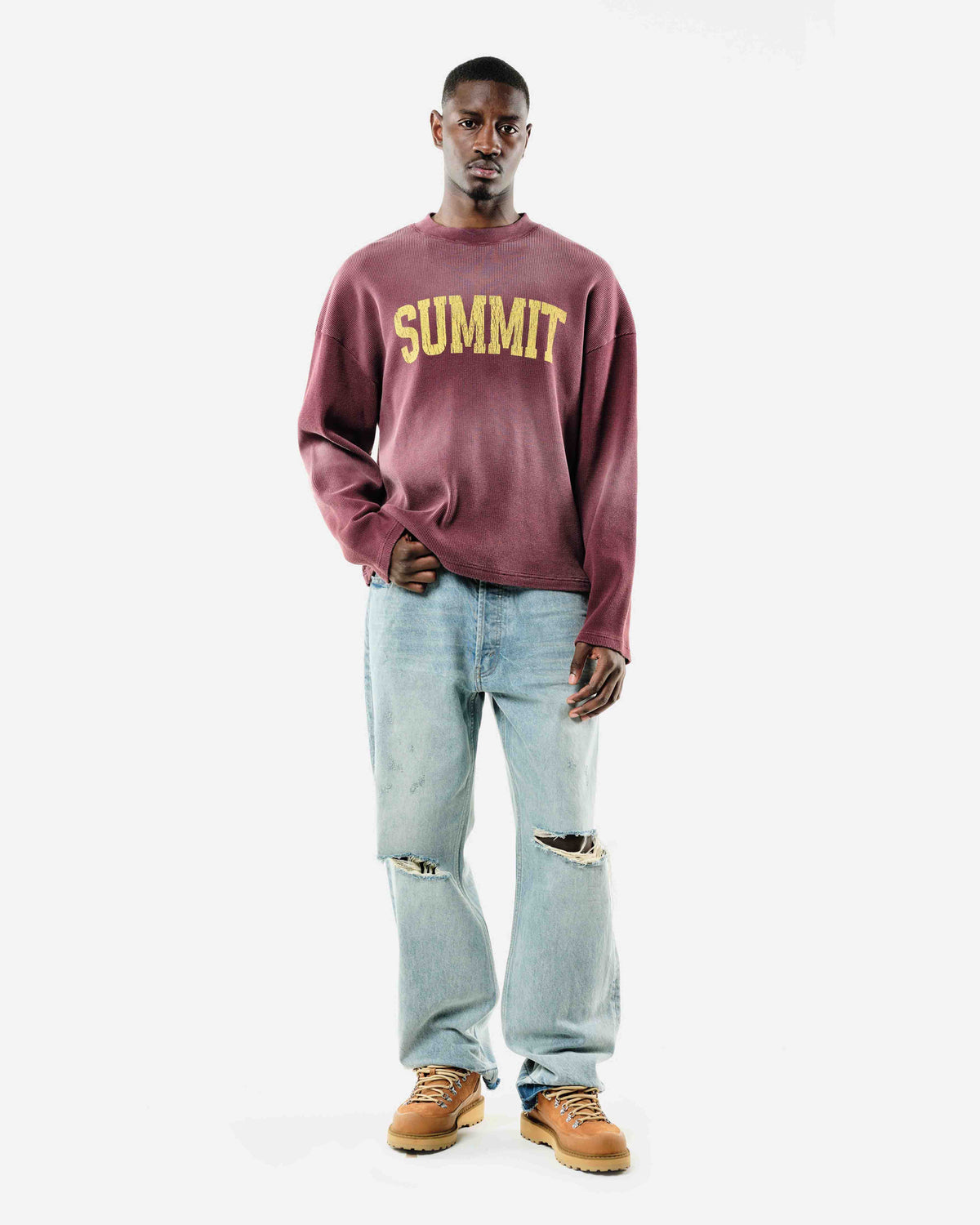 ARC PRINT WAFFLE LONG SLEEVE T-SHIRT - SUN FADE BURGUNDY from Summit Clothing UK