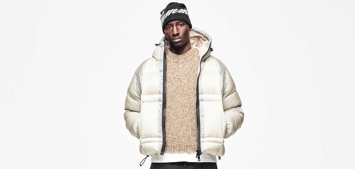 Men's translucent raglan puffer and chunky knit by Summit UK