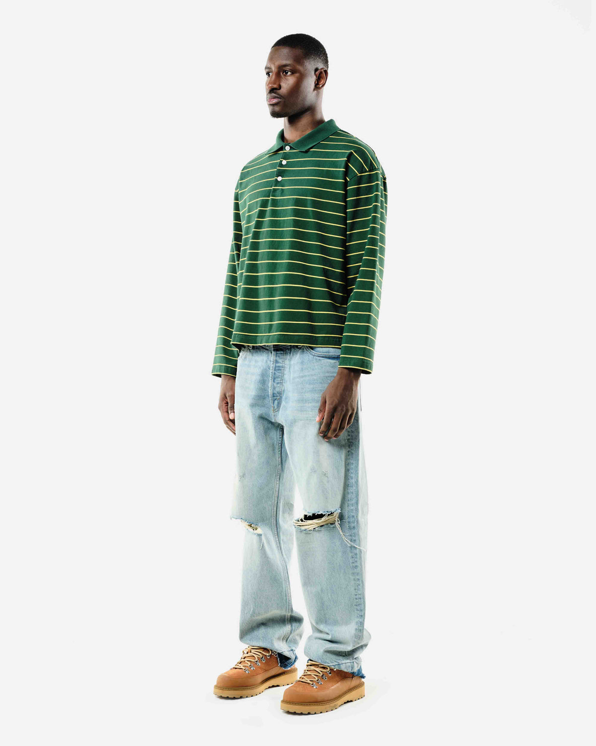 HEAVYWEIGHT LONG SLEEVE POLO - BOTTLE/YELLOW STRIPE from Summit Clothing UK