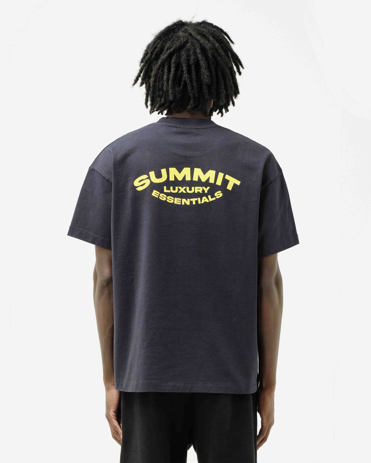 LUXURY ESSENTIALS T-SHIRT - NAVY/YELLOW PRINT from Summit Clothing UK