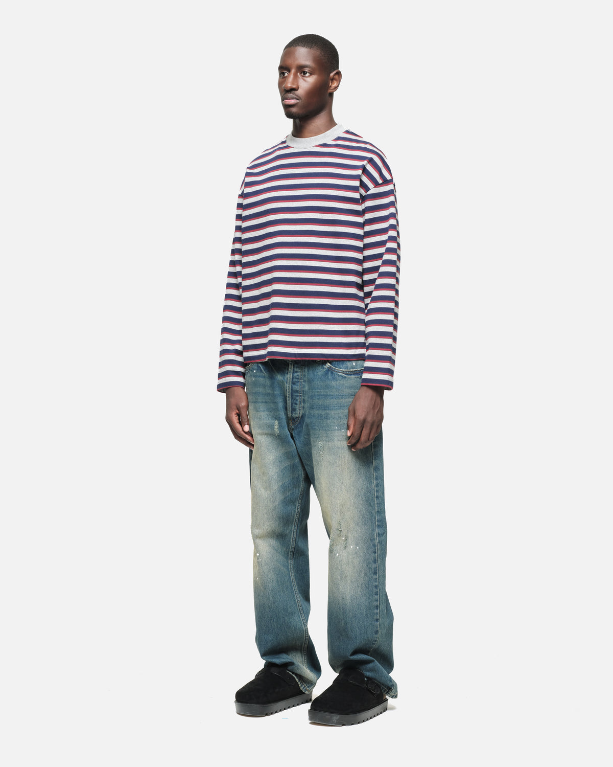 Heavyweight Long Sleeve T-Shirt in Navy/Grey Stripe, view 2