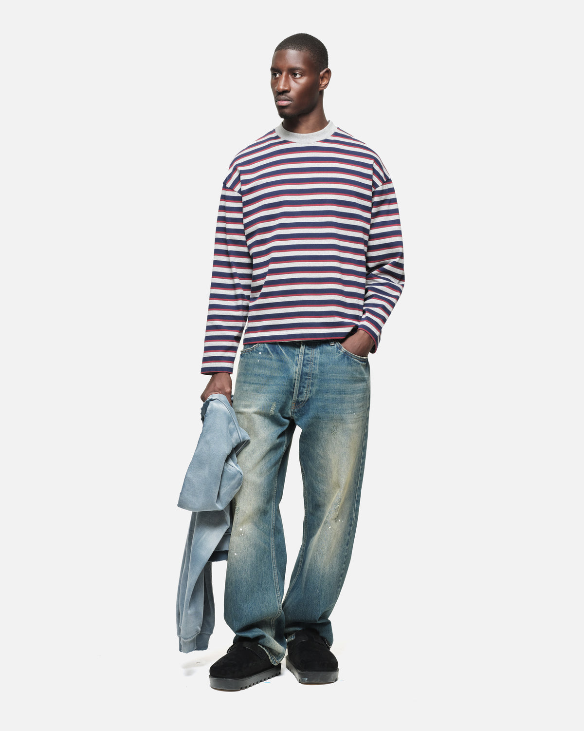 Heavyweight Long Sleeve T-Shirt in Navy/Grey Stripe, view 5
