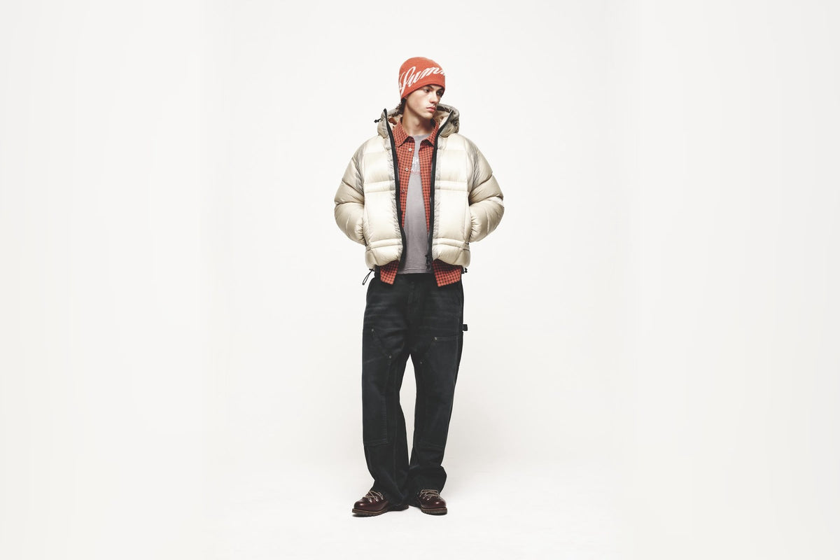 Summit FW26 - cream puffer, check shirt and double knee carpenter trousers, full look