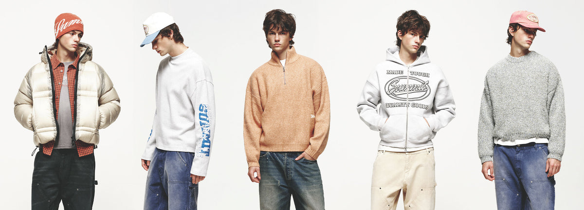 Five models in Summit menswear: puffer jacket, hoodies, knitwear and jeans
