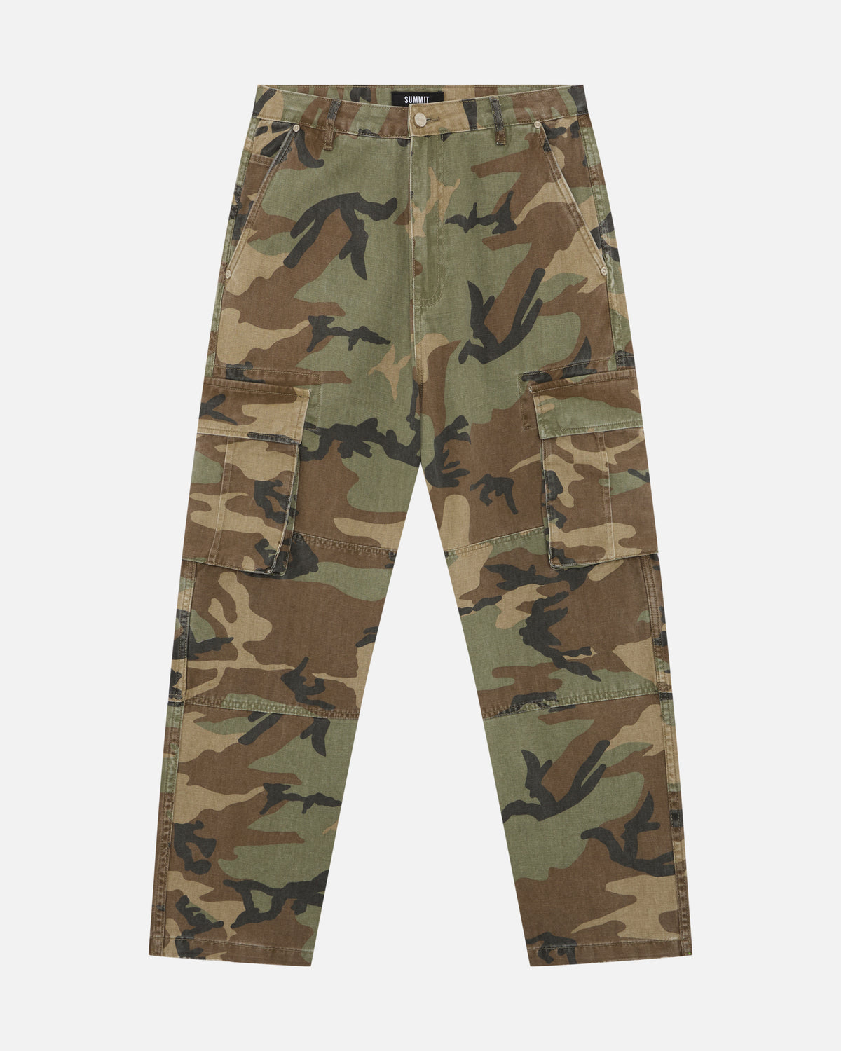 Cargo Trouser in Camo, flat lay front in washed woodland camo canvas