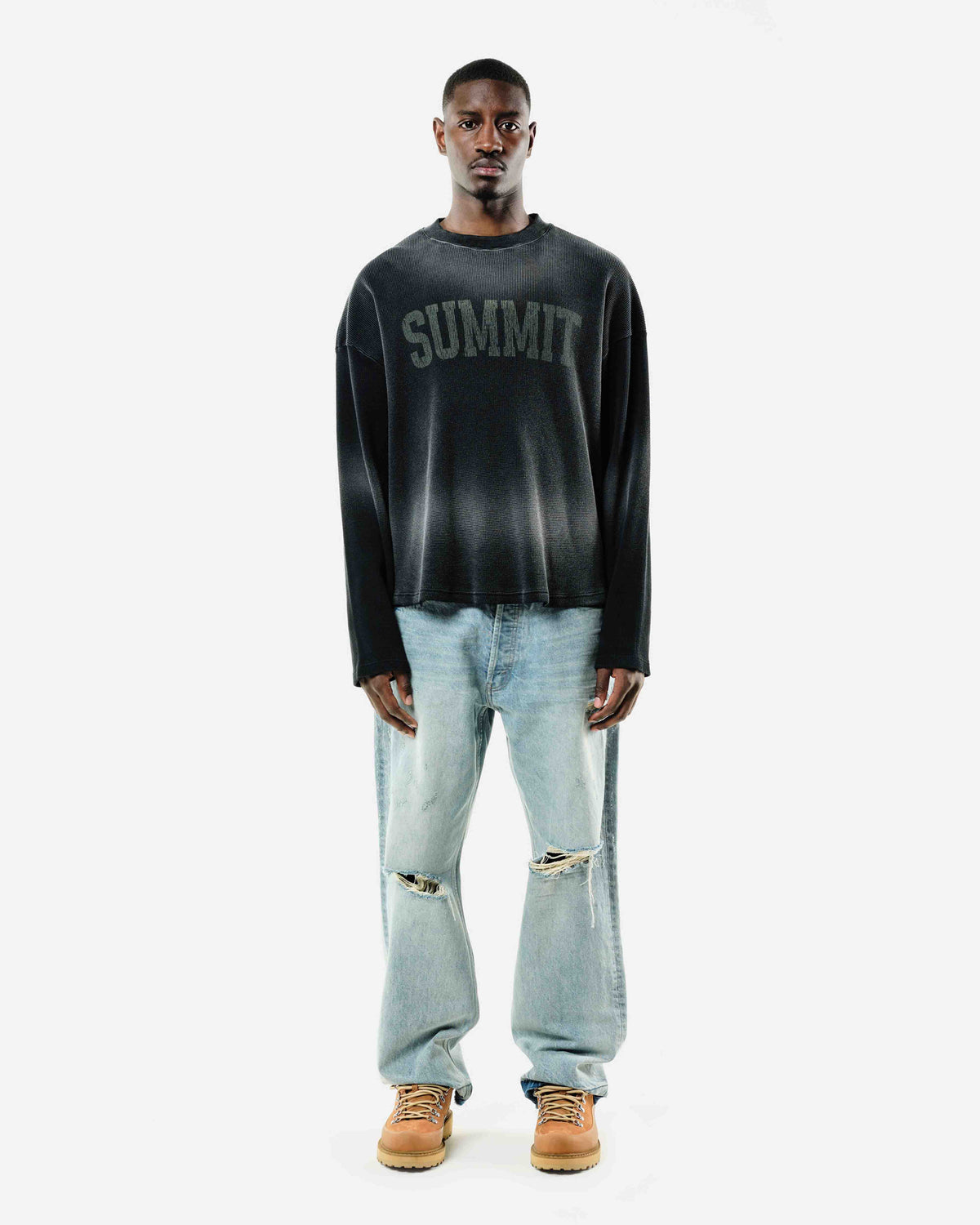 ARC PRINT WAFFLE LONG SLEEVE T-SHIRT - SUN FADE BLACK