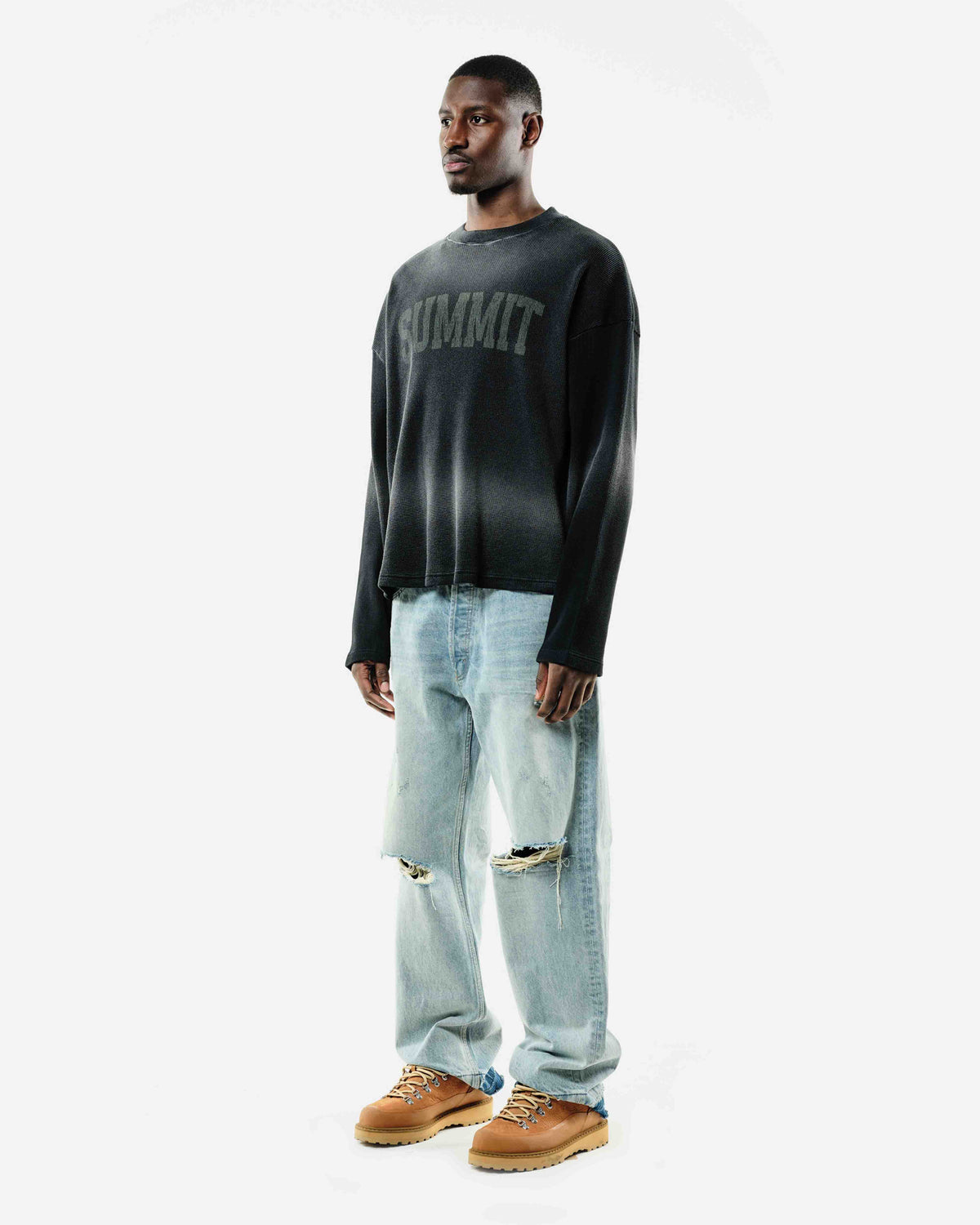 ARC PRINT WAFFLE LONG SLEEVE T-SHIRT - SUN FADE BLACK from Summit Clothing UK