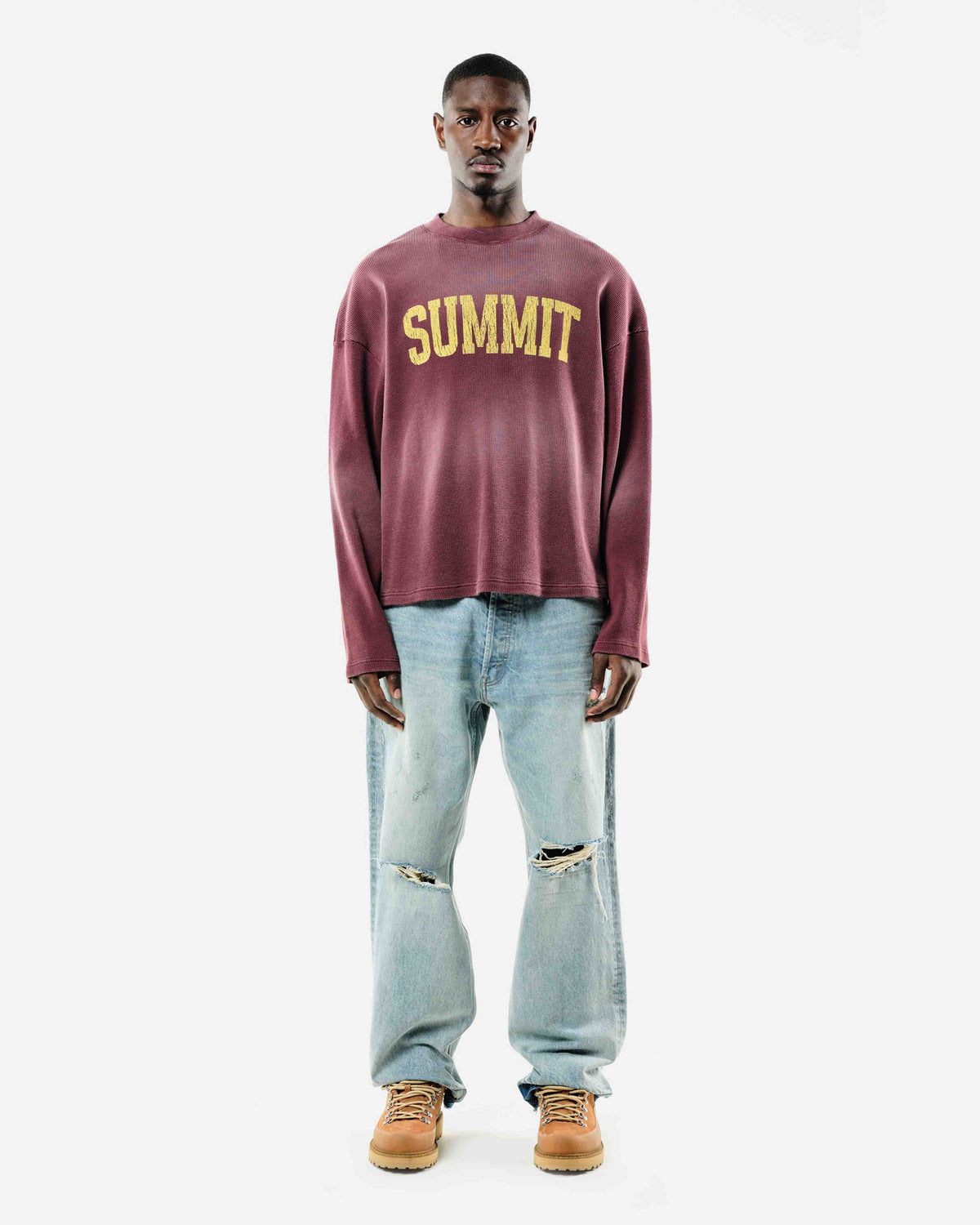 ARC PRINT WAFFLE LONG SLEEVE T-SHIRT - SUN FADE BURGUNDY