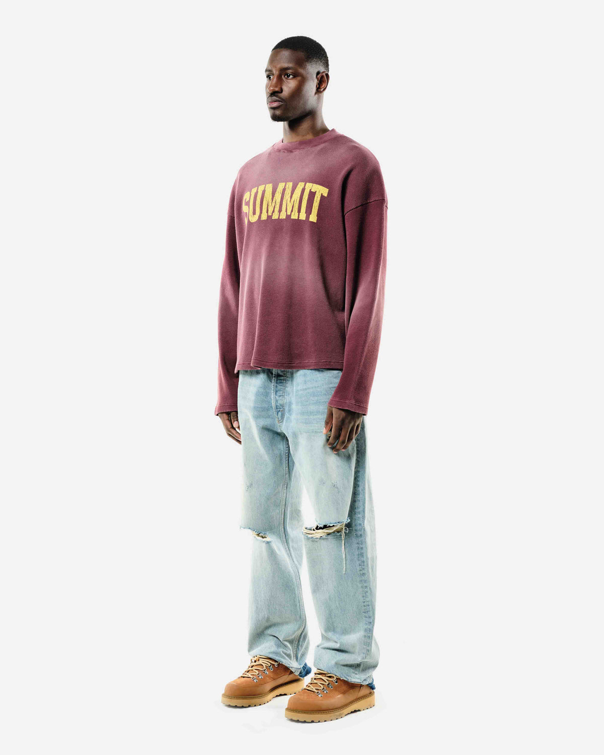 ARC PRINT WAFFLE LONG SLEEVE T-SHIRT - SUN FADE BURGUNDY from Summit Clothing UK