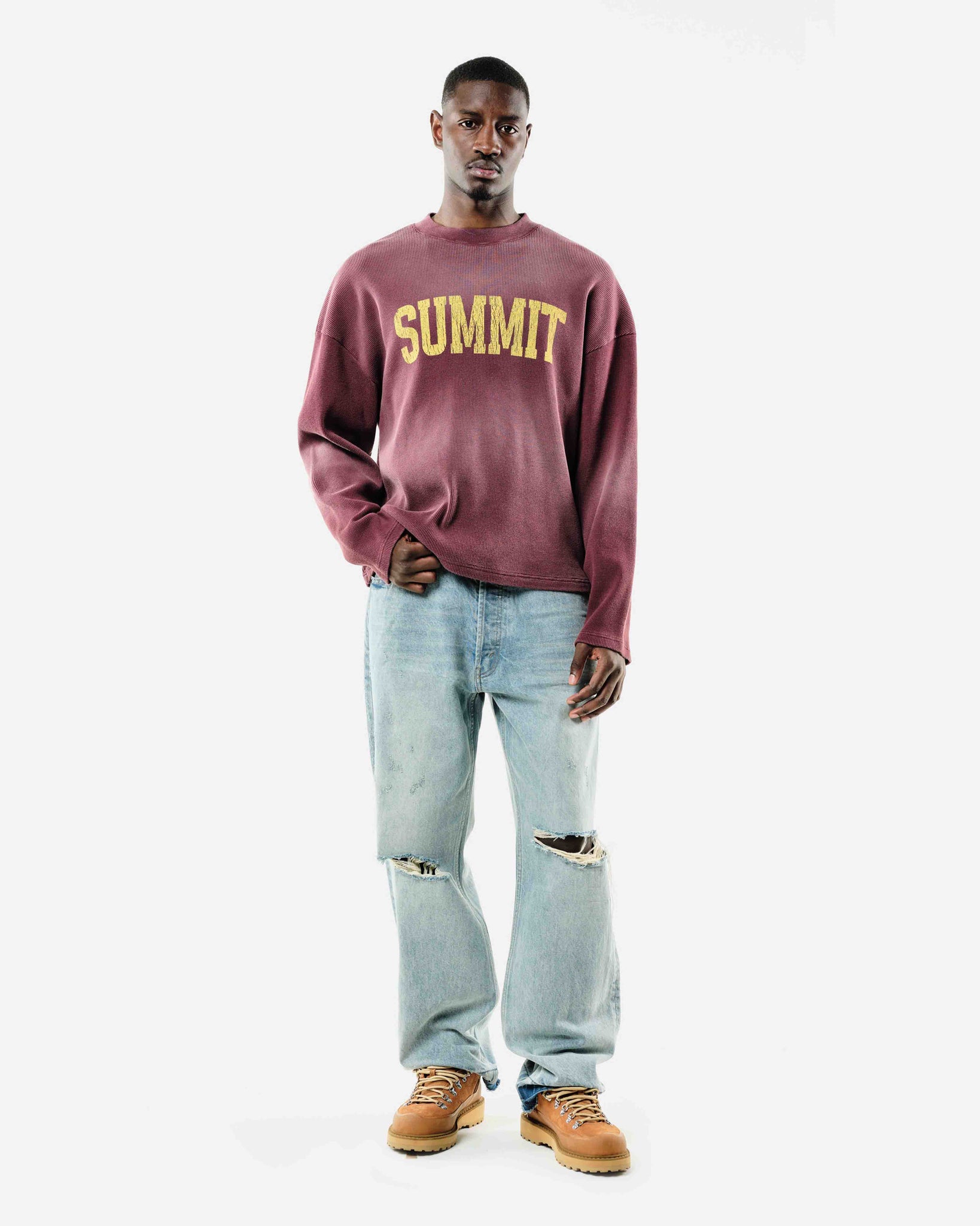 ARC PRINT WAFFLE LONG SLEEVE T-SHIRT - SUN FADE BURGUNDY from Summit Clothing UK