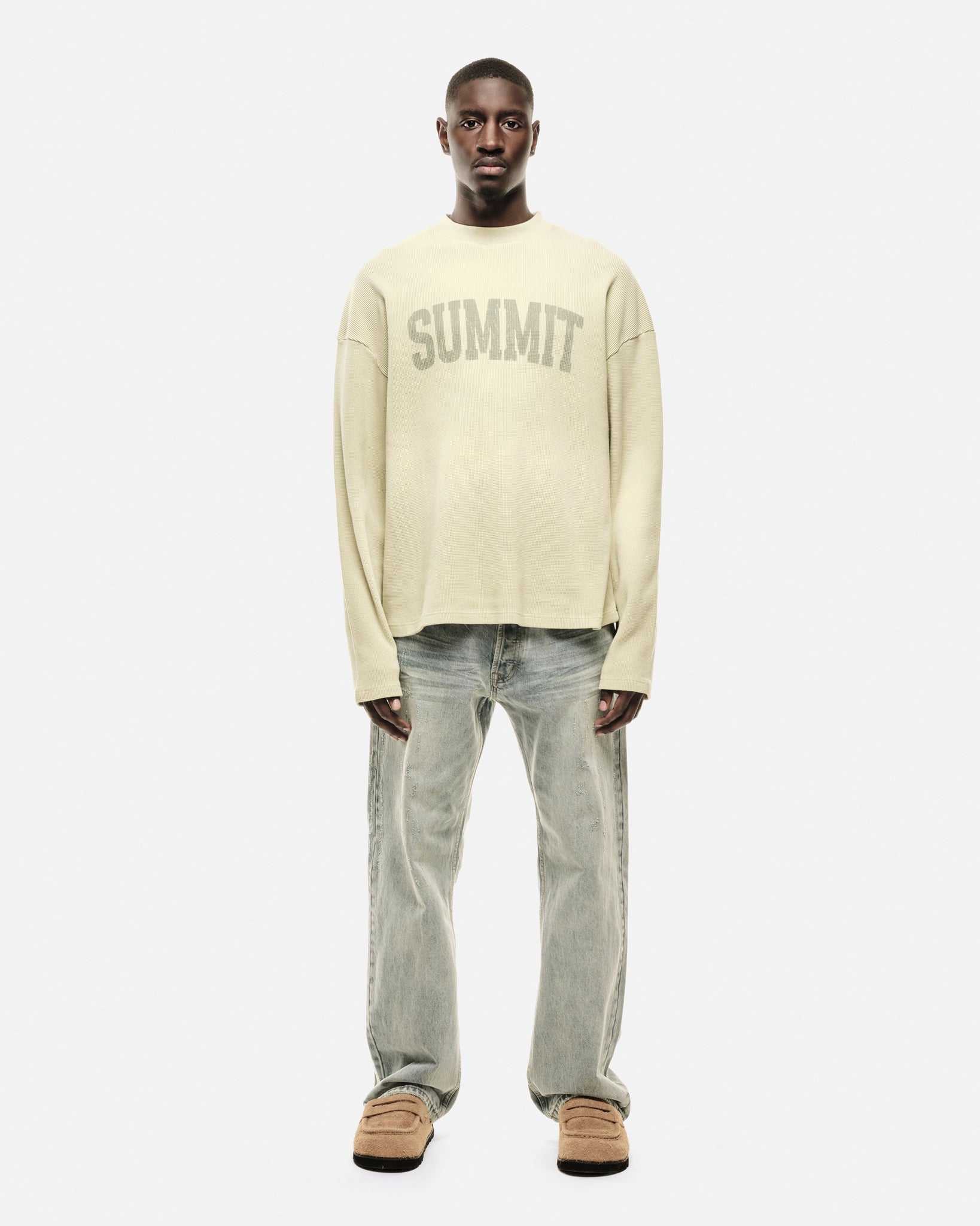 ARC PRINT WAFFLE LONG SLEEVE T-SHIRT - SUN FADE PISTACHIO from Summit Clothing UK