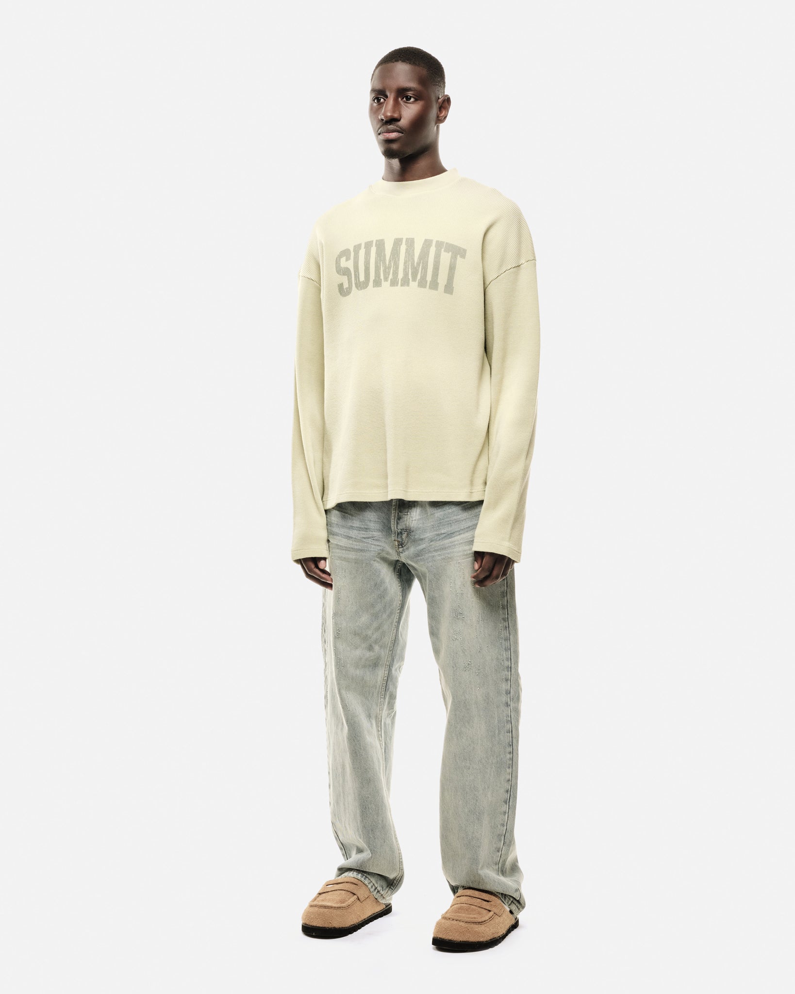 ARC PRINT WAFFLE LONG SLEEVE T-SHIRT - SUN FADE PISTACHIO from Summit Clothing UK