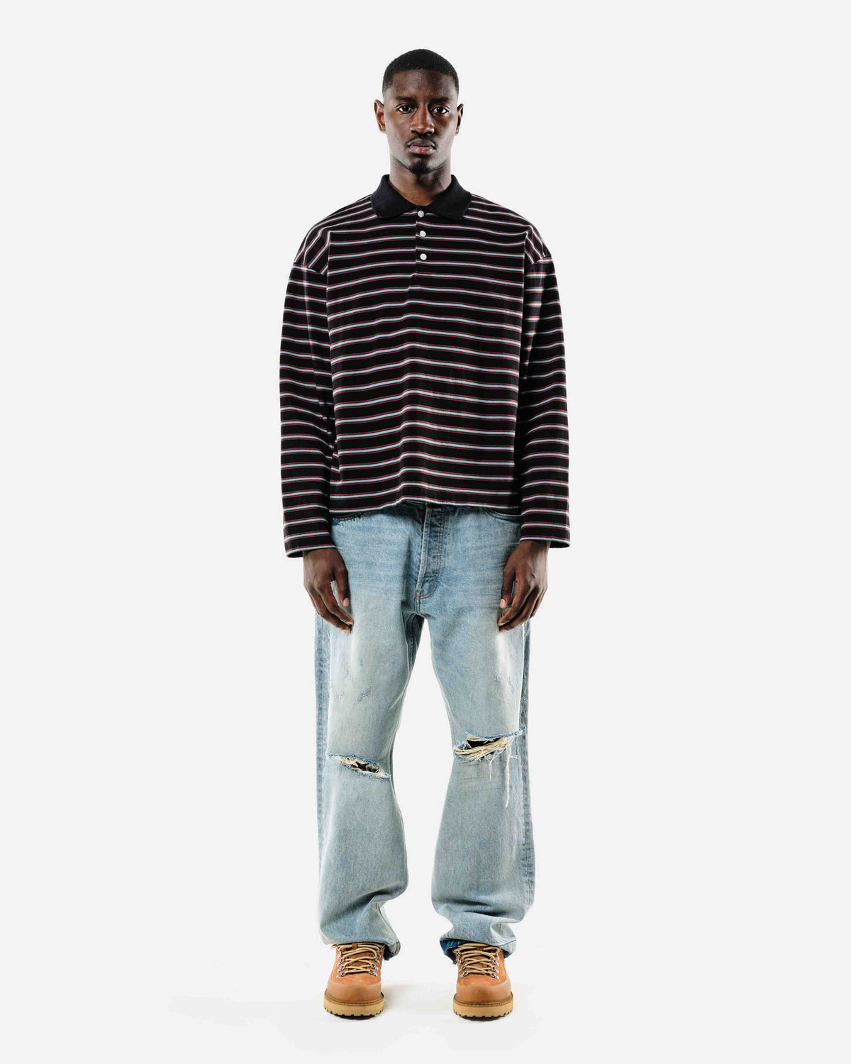 HEAVYWEIGHT LONG SLEEVE POLO  - BLACK STRIPE