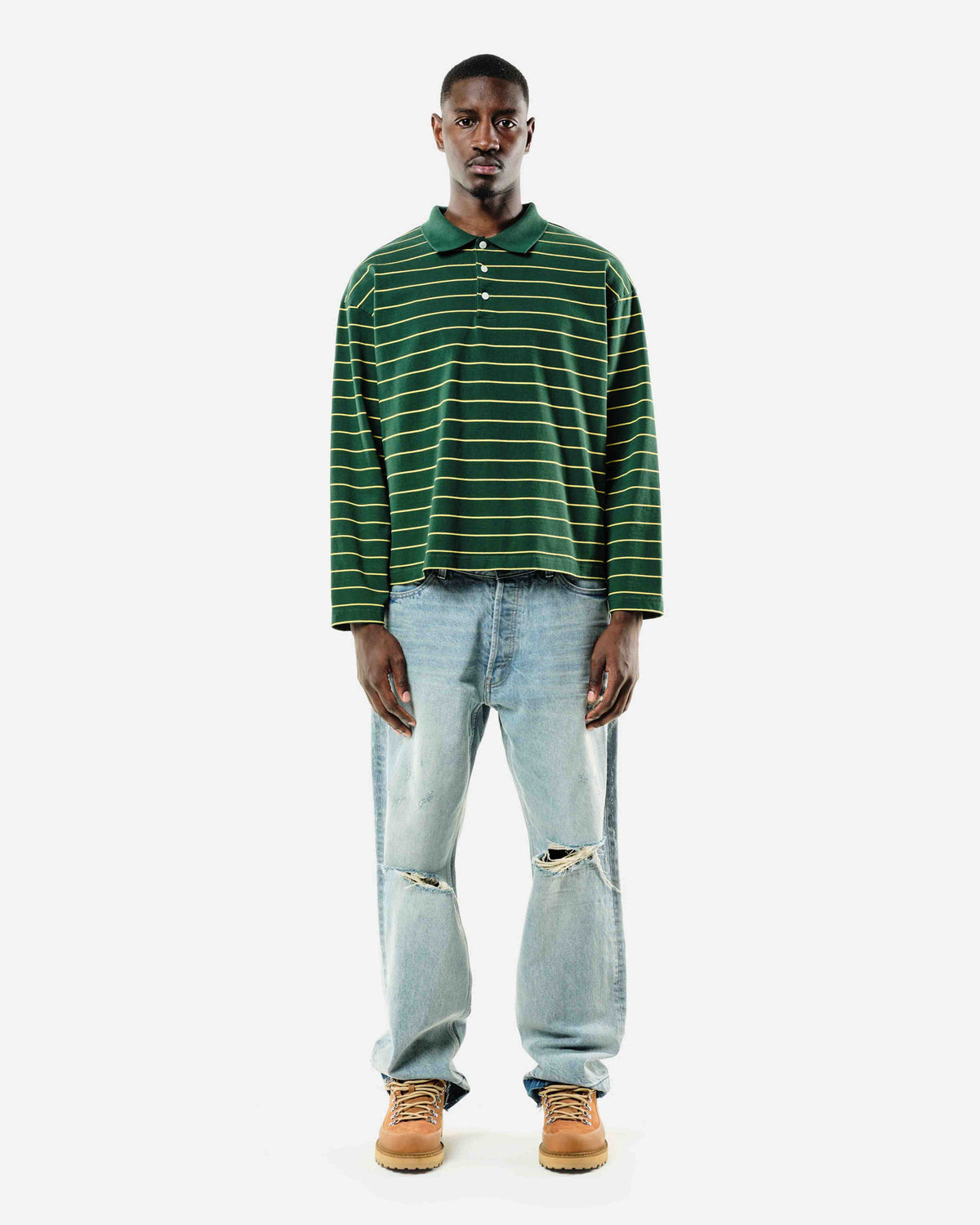 HEAVYWEIGHT LONG SLEEVE POLO  - BOTTLE/YELLOW STRIPE