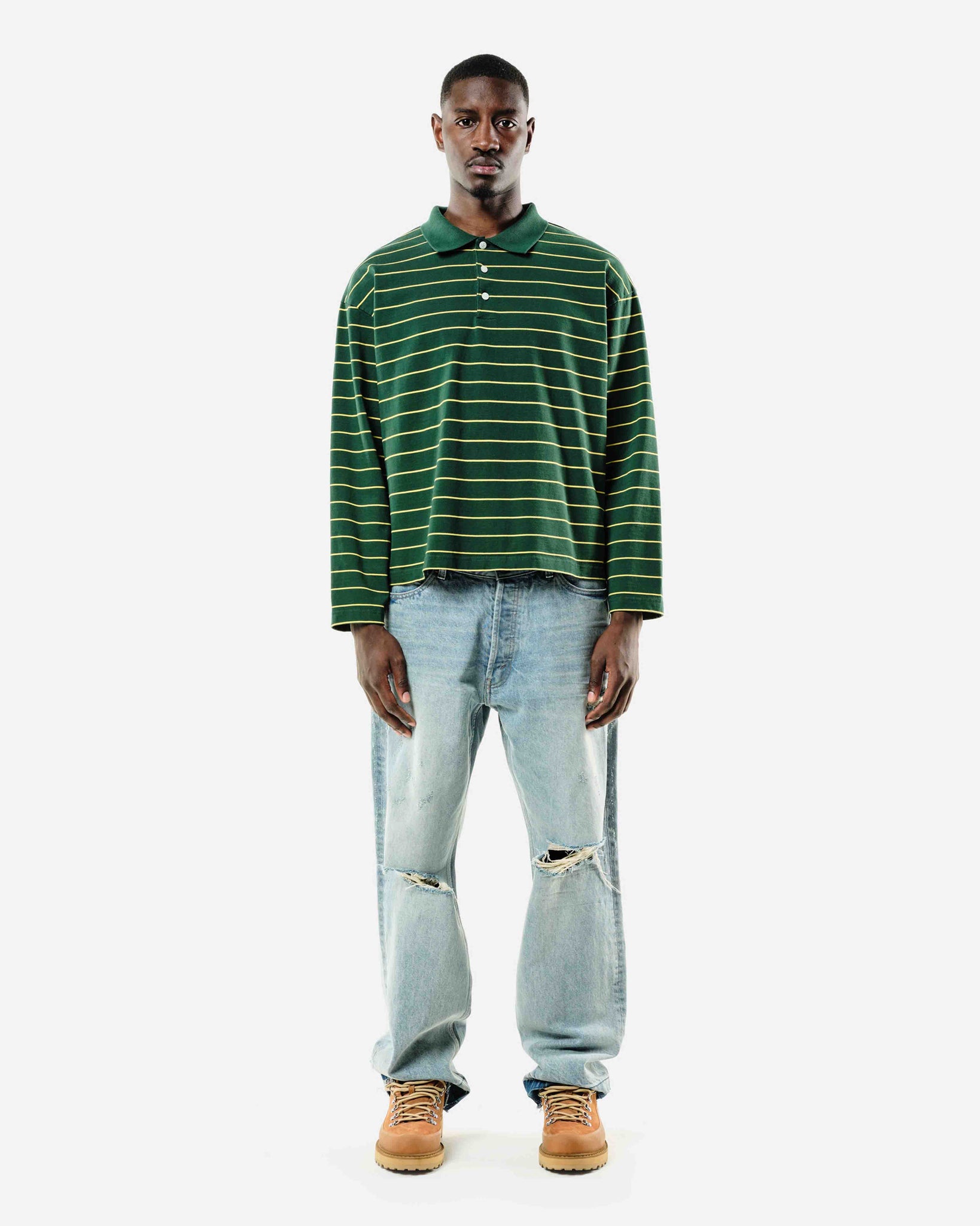 HEAVYWEIGHT LONG SLEEVE POLO  - BOTTLE/YELLOW STRIPE from Summit Clothing UK