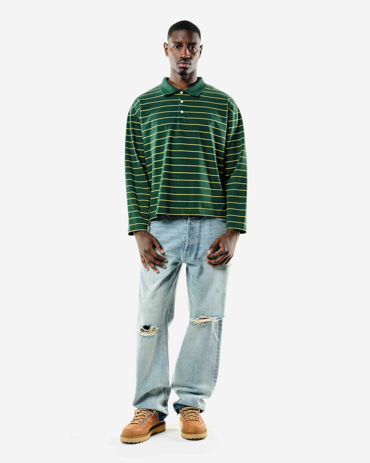 HEAVYWEIGHT LONG SLEEVE POLO  - BOTTLE/YELLOW STRIPE from Summit Clothing UK
