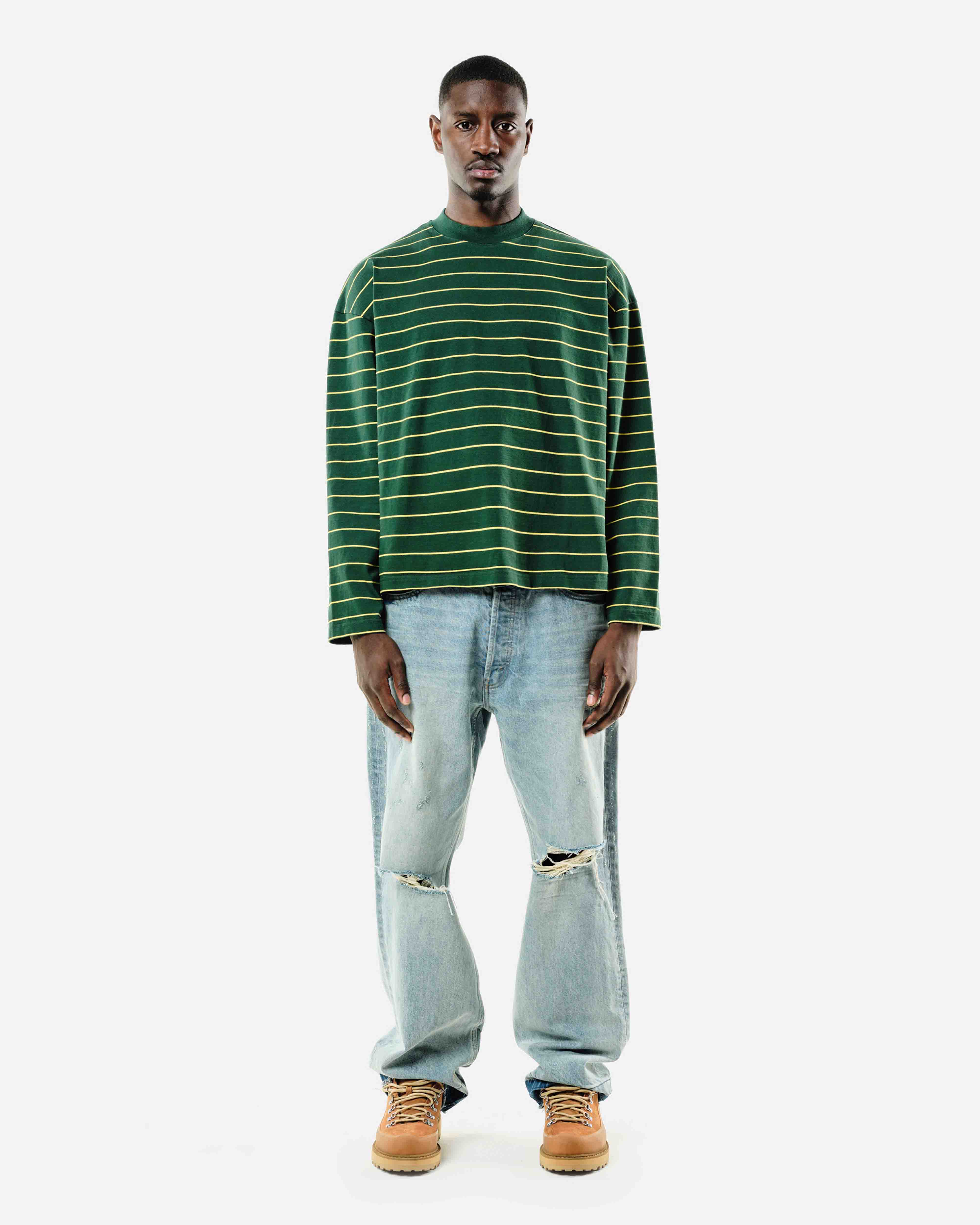 HEAVYWEIGHT LONG SLEEVE T-SHIRT - BOTTLE/YELLOW STRIPE from Summit Clothing UK