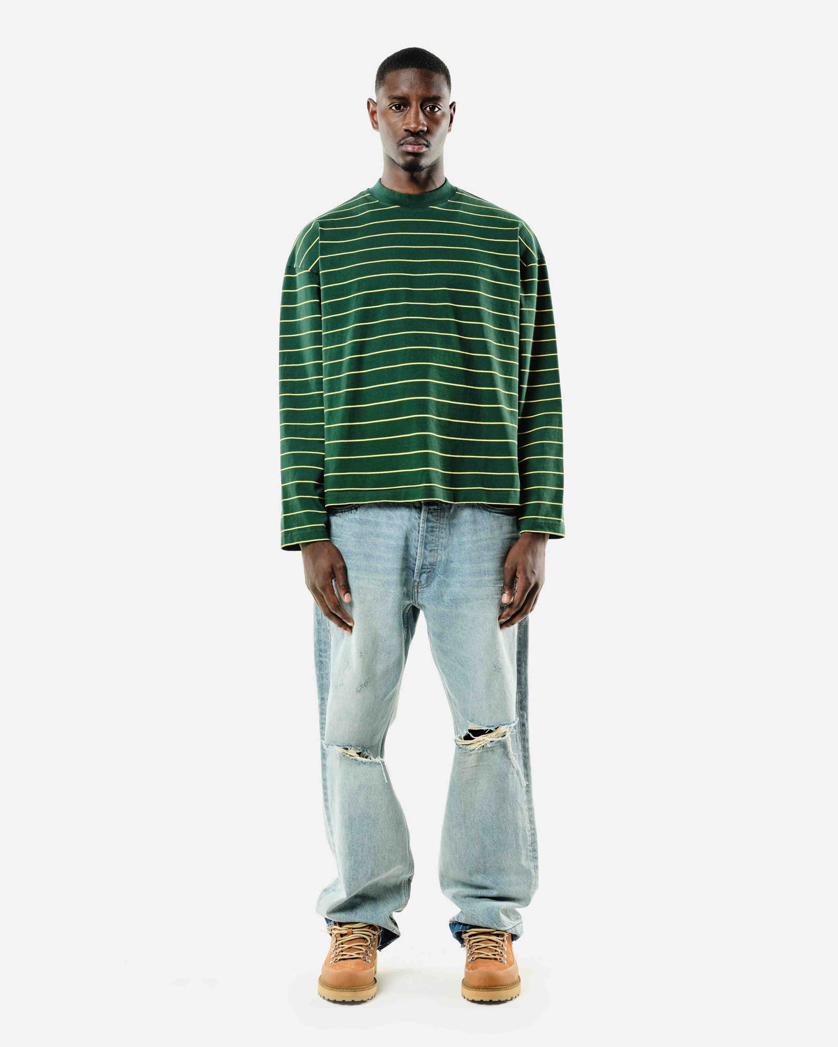 HEAVYWEIGHT LONG SLEEVE T-SHIRT - BOTTLE/YELLOW STRIPE from Summit Clothing UK