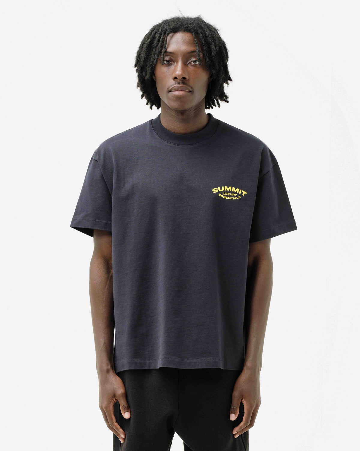 LUXURY ESSENTIALS T-SHIRT - NAVY/YELLOW PRINT from Summit Clothing UK
