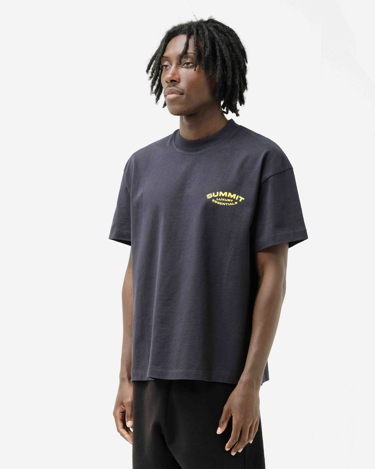 LUXURY ESSENTIALS T-SHIRT - NAVY/YELLOW PRINT from Summit Clothing UK