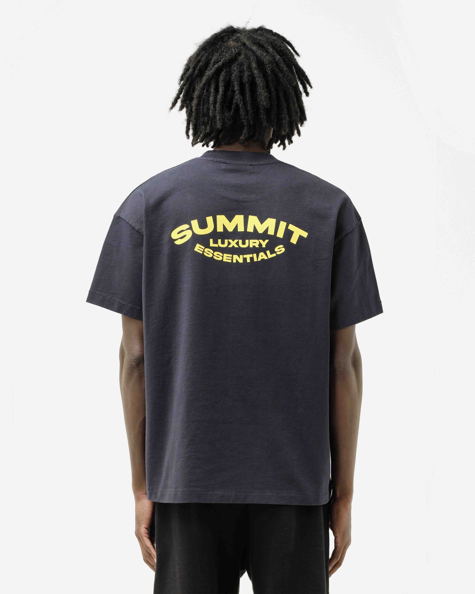 LUXURY ESSENTIALS T-SHIRT - NAVY/YELLOW PRINT from Summit Clothing UK