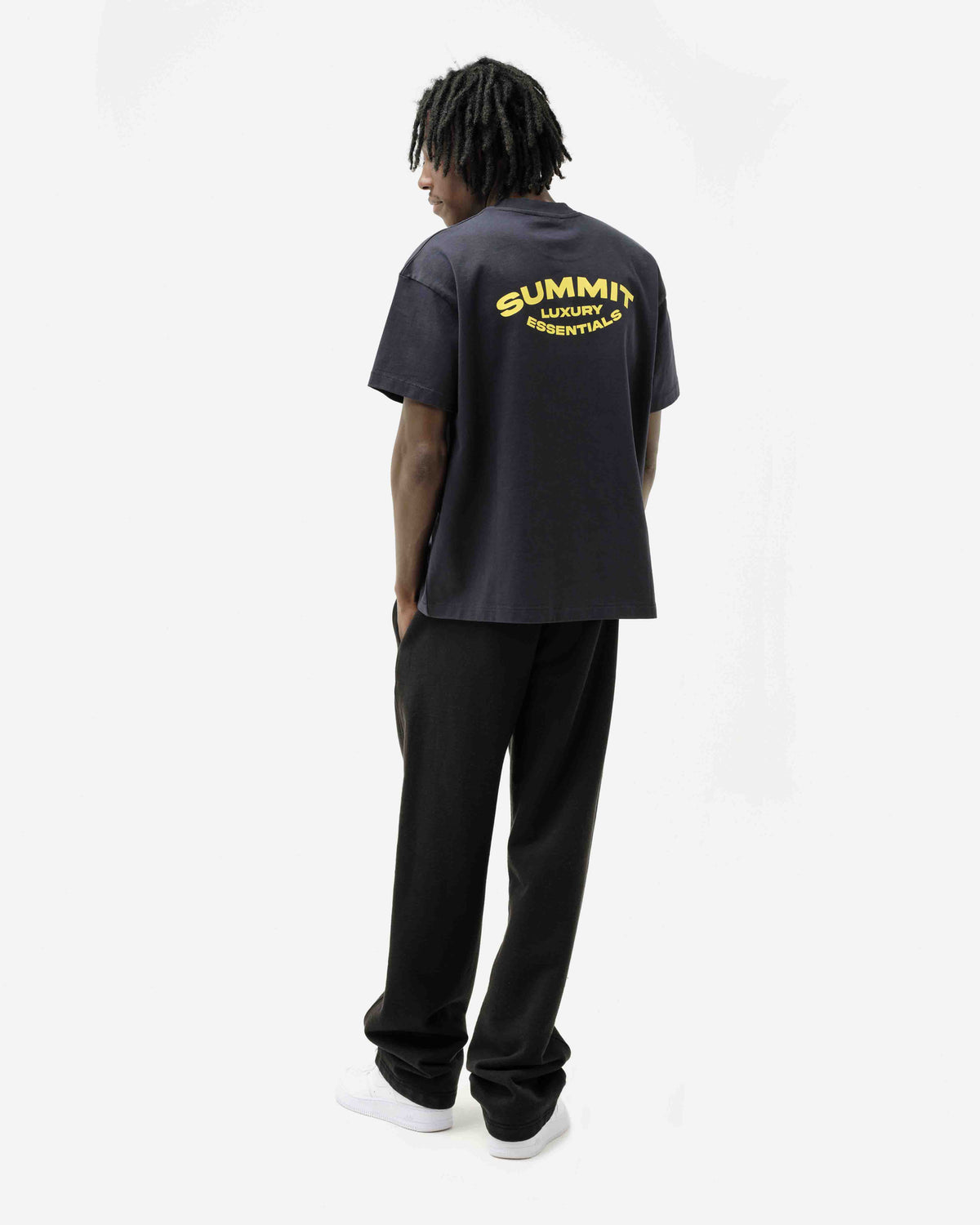 LUXURY ESSENTIALS T-SHIRT - NAVY/YELLOW PRINT from Summit Clothing UK