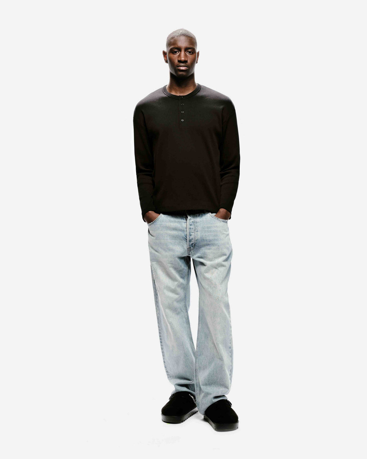 RIBBED HENLEY - BLACK