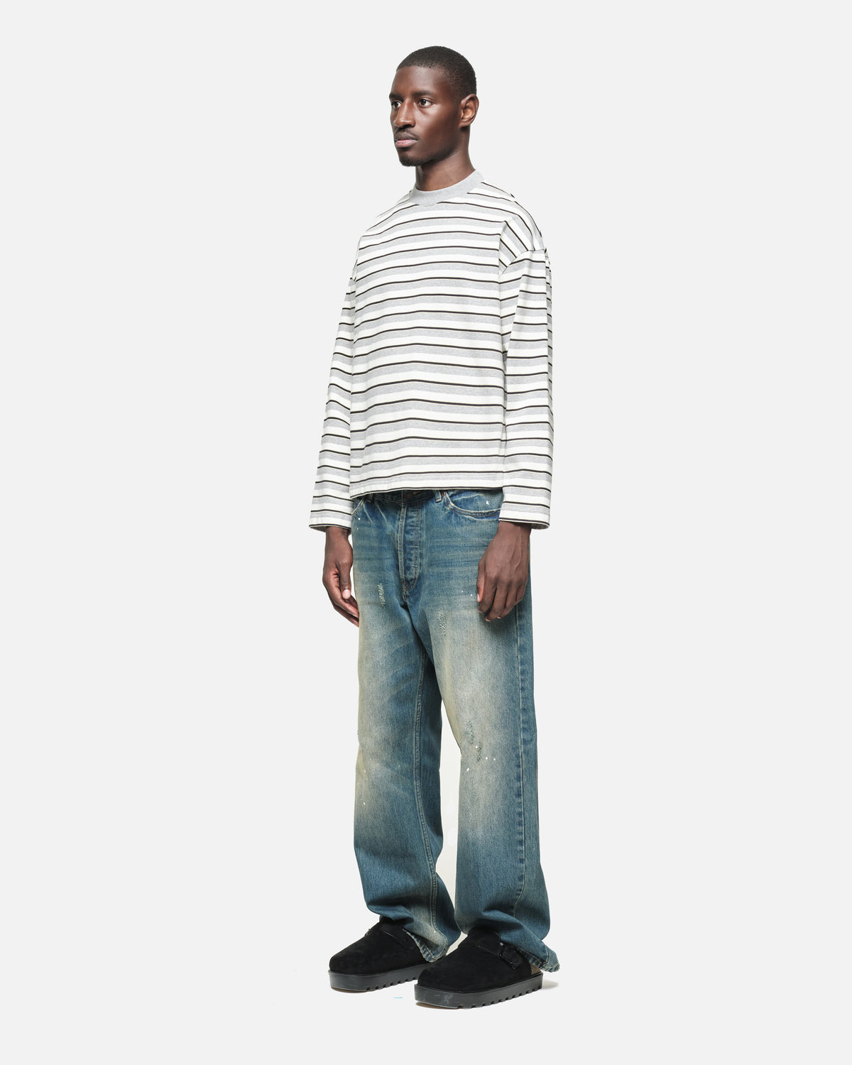 Heavyweight Long Sleeve T-Shirt in Grey/White Stripe, view 2